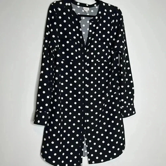 MERONA BLACK AND WHITE POLKA DOT SHIRT DRESS SIZE MEDIUM BUTTON DOWN LONG SLEEVE - Picture 3 of 10